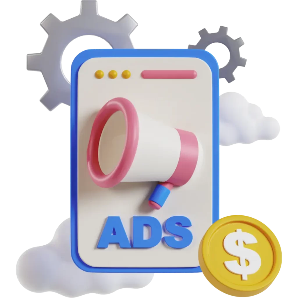 A 3D illustration of a megaphone and dollar sign symbol in front of a blue mobile phone with the word "ADS" written on it symbolizing that PPC services give good ROI. There are gears and clouds in the background which symbolize the hard work done to provide this service.