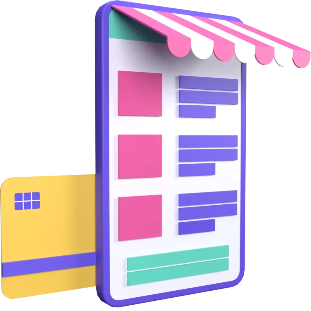 3D illustration of a mobile device with a storefront awning and a credit card, representing SEO services for enhancing online visibility and e-commerce success.
