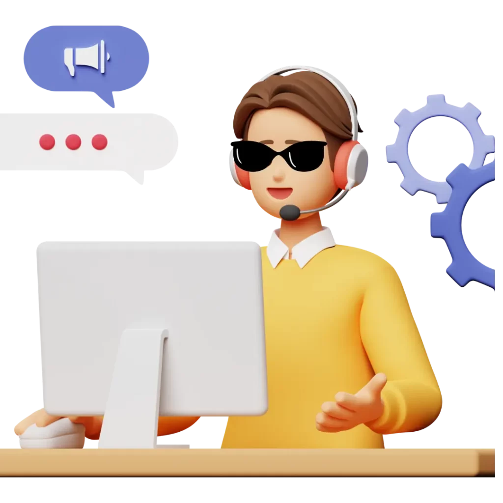 3D illustration of a developer wearing headphones and sunglasses, working on a computer with a gear symbol in the background, representing WordPress development services.